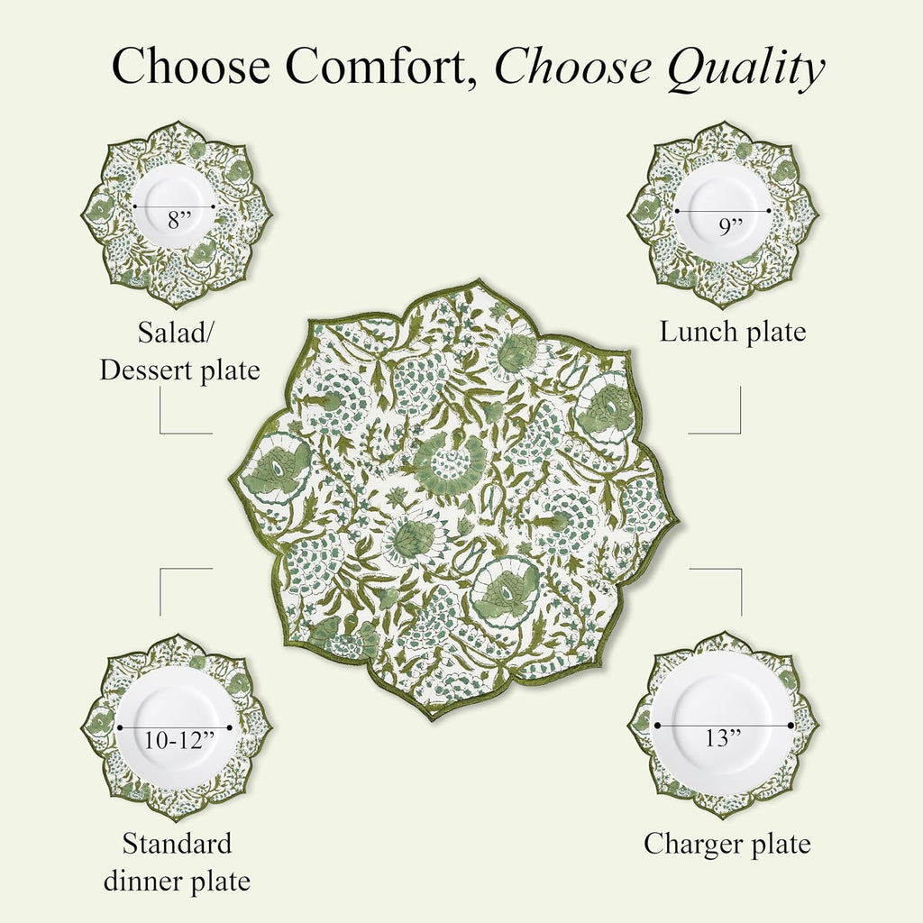 CPC Agate Green Block Print Cotton Floral Placemat 15x15 Inch, Set of 4