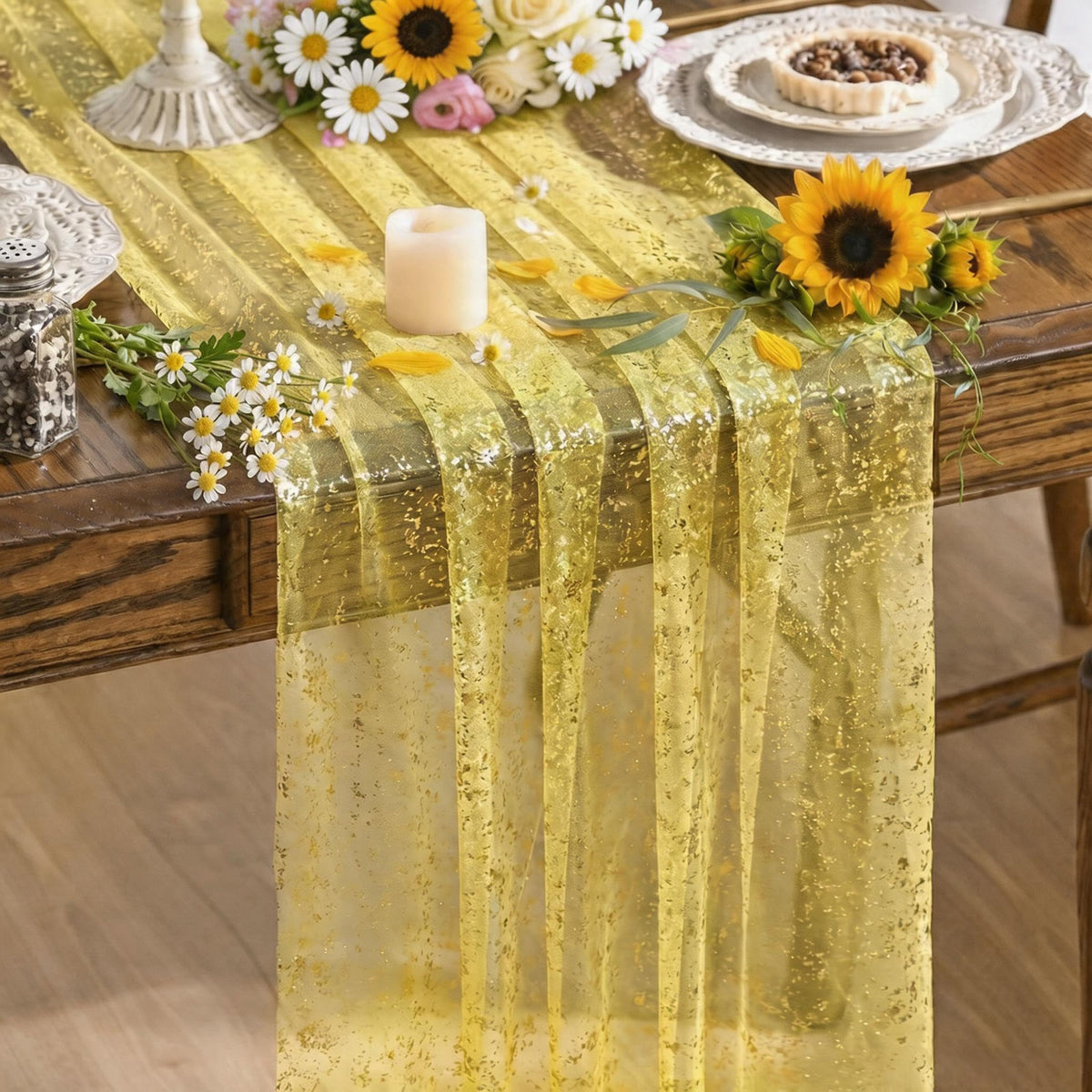 Artoid Mode 6Pcs Beige Gold Gauze Table Runner 120 Inch 10FT, Glitter Metallic Foil Sheer Dining Wedding Anniversary Holiday Birthday Table Decor for Home Party