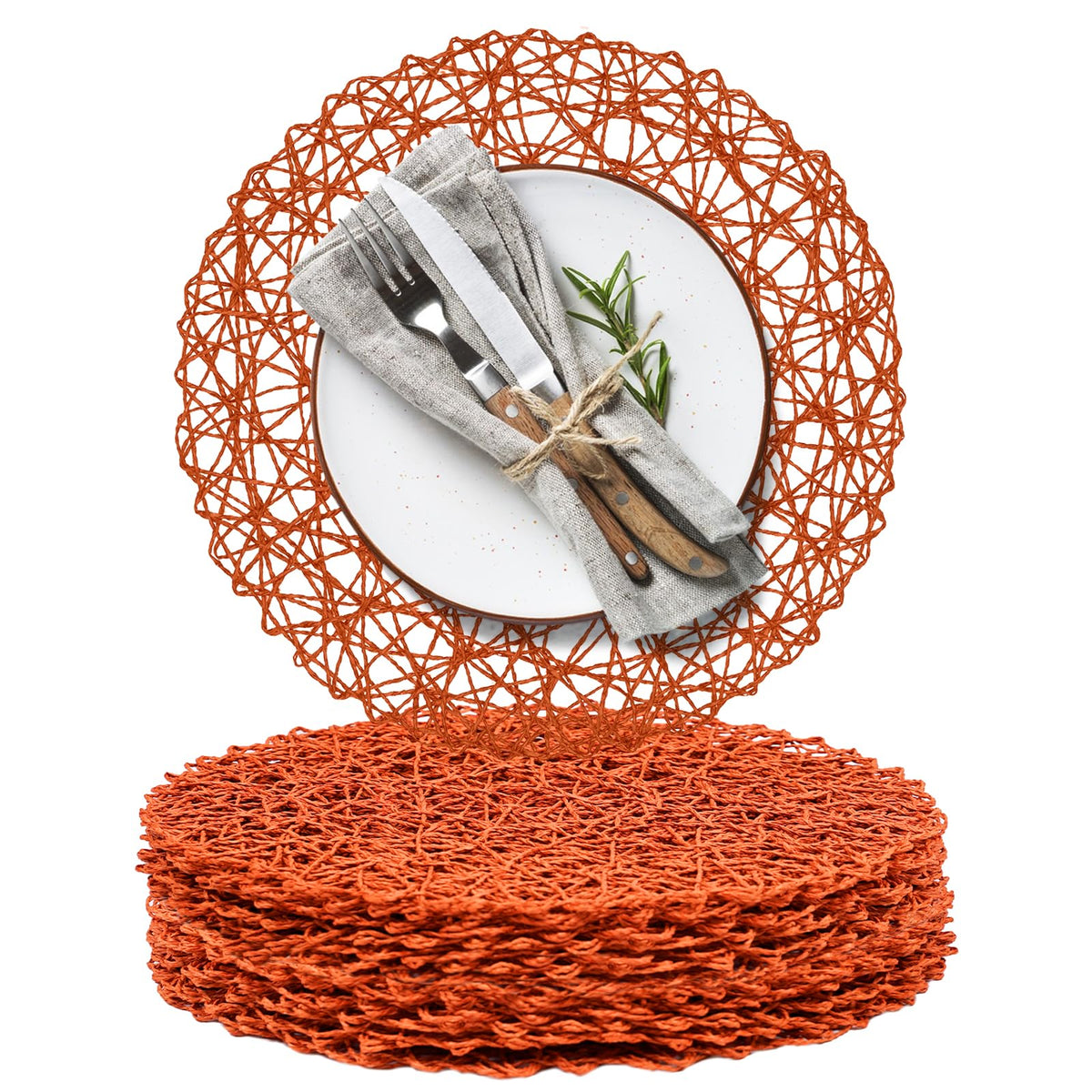 AHHFSMEI Paper Braided Round Placemats Set of 12 Natural Non-Slip Heat Resistant Table Mats for Dining Tables Woven Indoor & Outdoor Place mats(Brown,12)