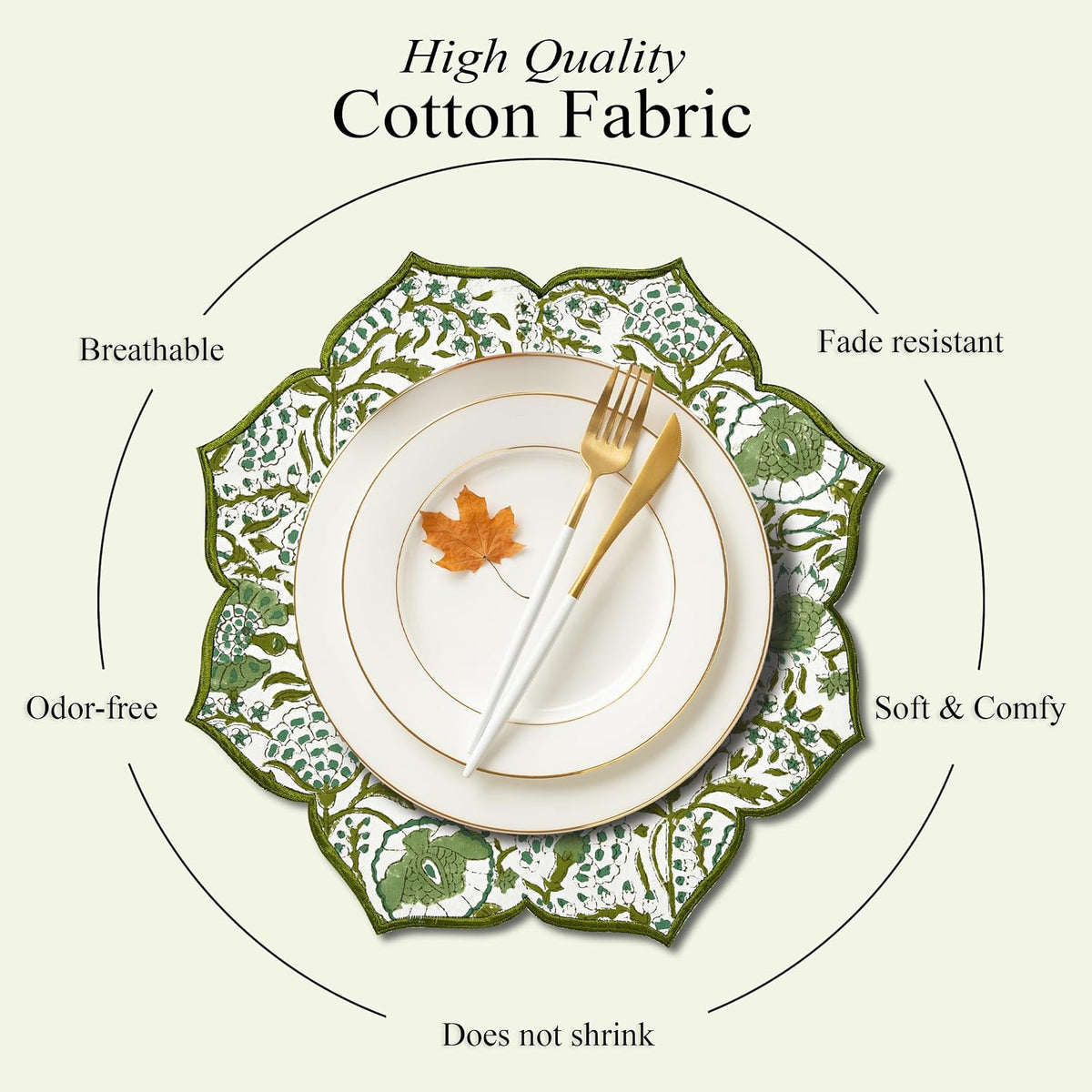 CPC Agate Green Block Print Cotton Floral Placemat 15x15 Inch, Set of 4