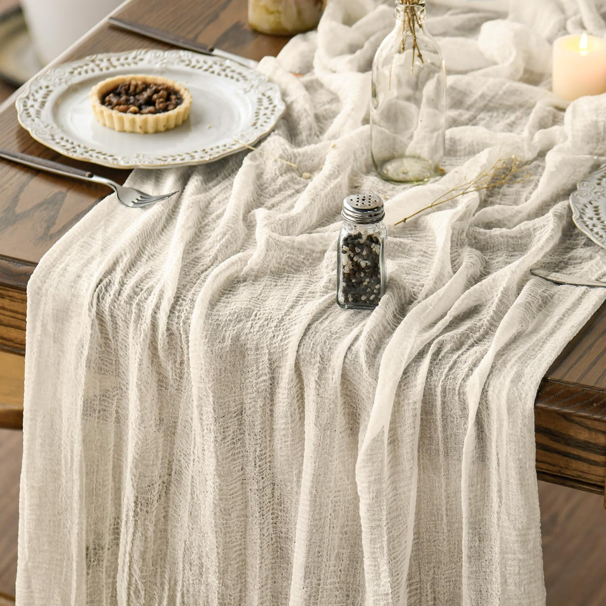 Artoid Mode Boho Forest Green 10Pcs Cheesecloth Gauze Table Runner, 120 Inch Seasonal Fabric Kitchen Dining Holiday Table Decor for Home Party Indoor