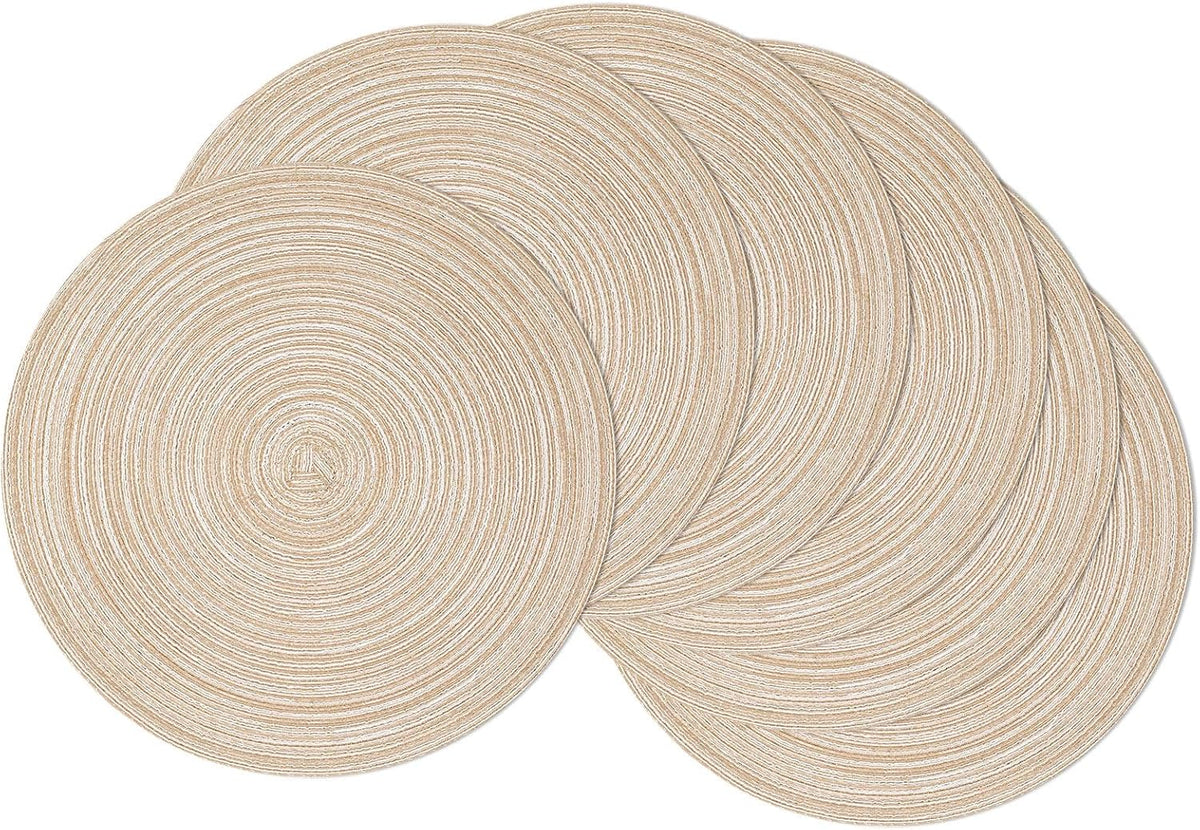 SHACOS 15 inch Round Placemats Set of 6, Cotton Polyester Woven Braided Place Mats, Washable Heat Resistant Circle Table Mats for Dining Table (Beige, 6)
