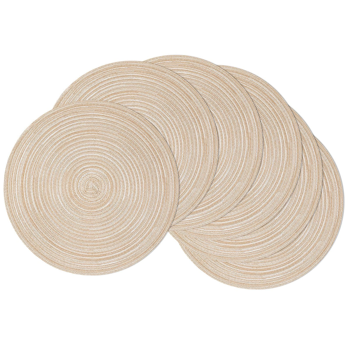 SHACOS 15 inch Round Placemats Set of 6, Cotton Polyester Woven Braided Place Mats, Washable Heat Resistant Circle Table Mats for Dining Table (Beige, 6)