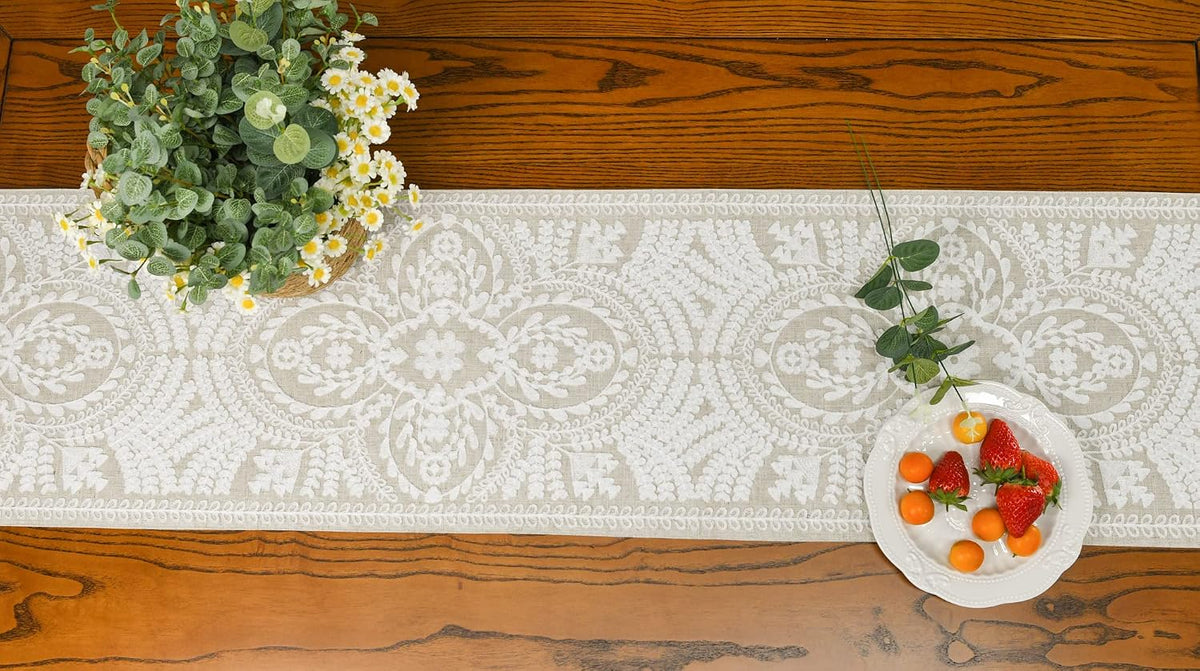 KEVA Boho Table Runner 72inches Long, Farmhouse Linen Table Runner, Rustic Vintage Natural Embroidered Table Runners 13x72 Inch for Dining Table Decorations