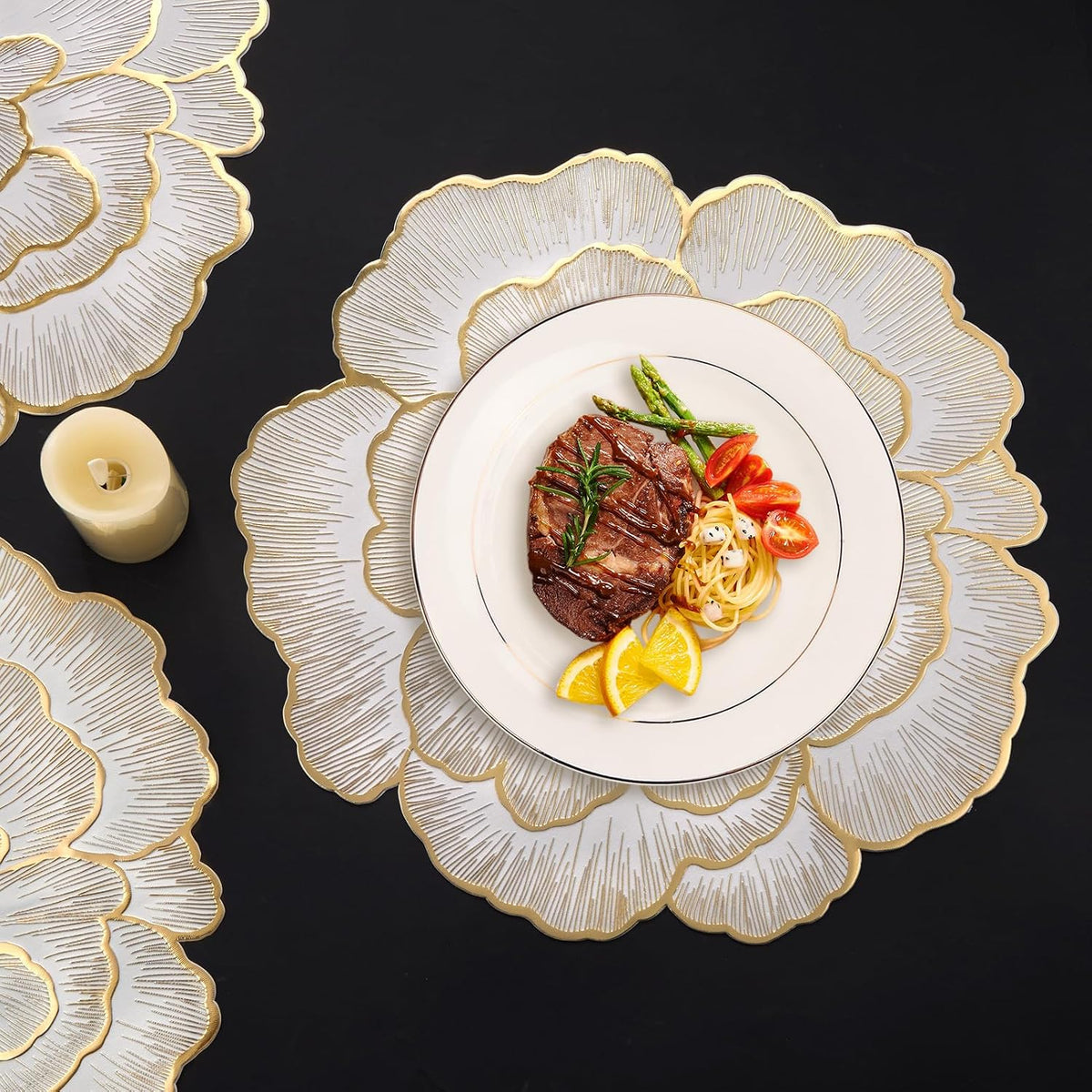 Gold Flower Placemats Set of 6, Metallic Pressed Vinyl Round Table Mats