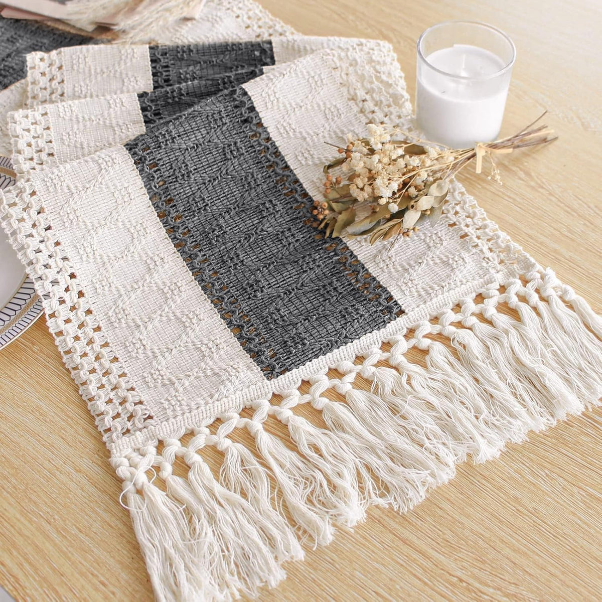 FEXIA Boho Table Runner for Fall Home Decor 12x108 Rustic with Tassels