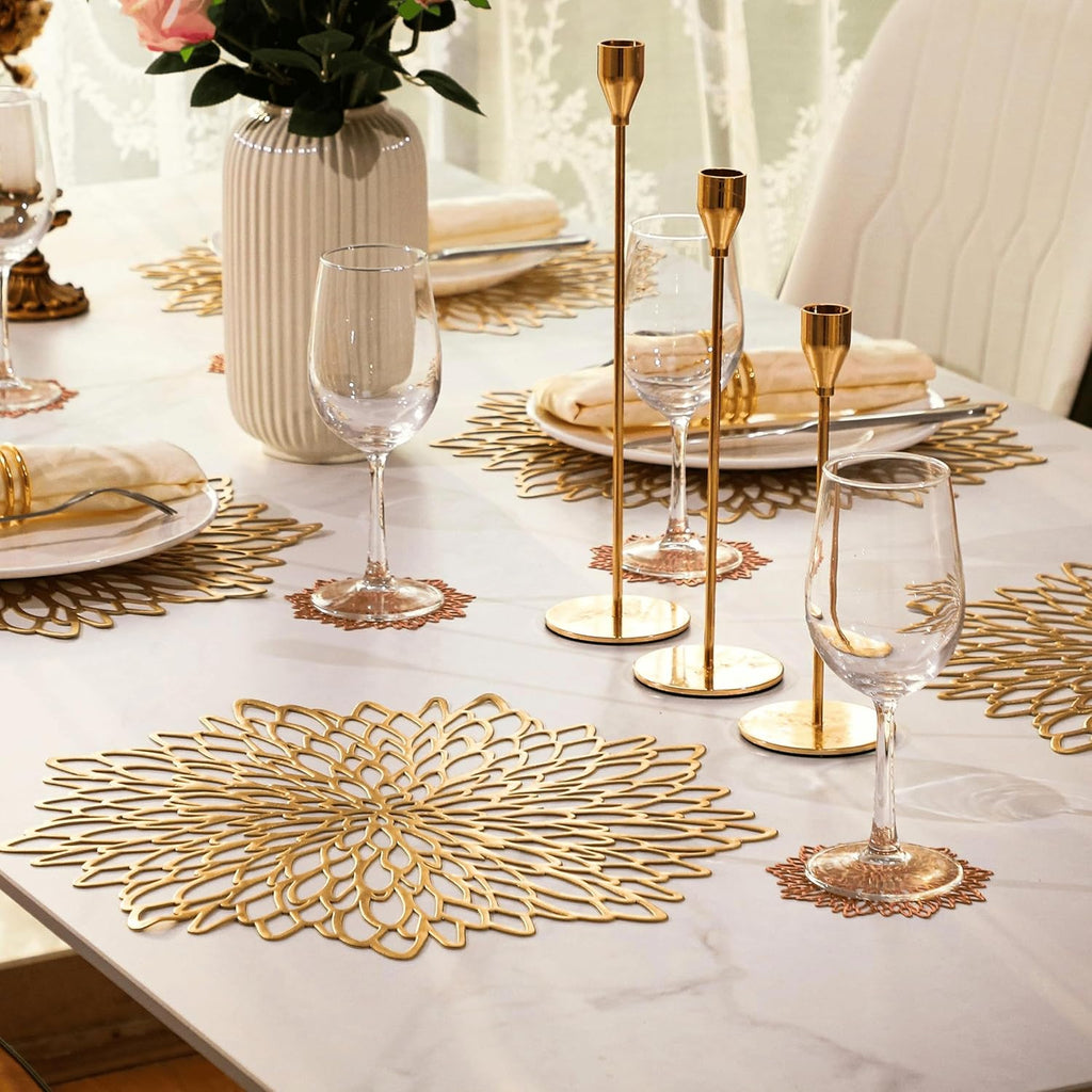 Snowkingdom 6 Pack Gold Placemats Metallic Pressed Vinyl Round Leaf Plastic Dinning Table Place Mats Fancy Decorative for Wedding Christmas Thanksgiving Holiday Spring Outdoor