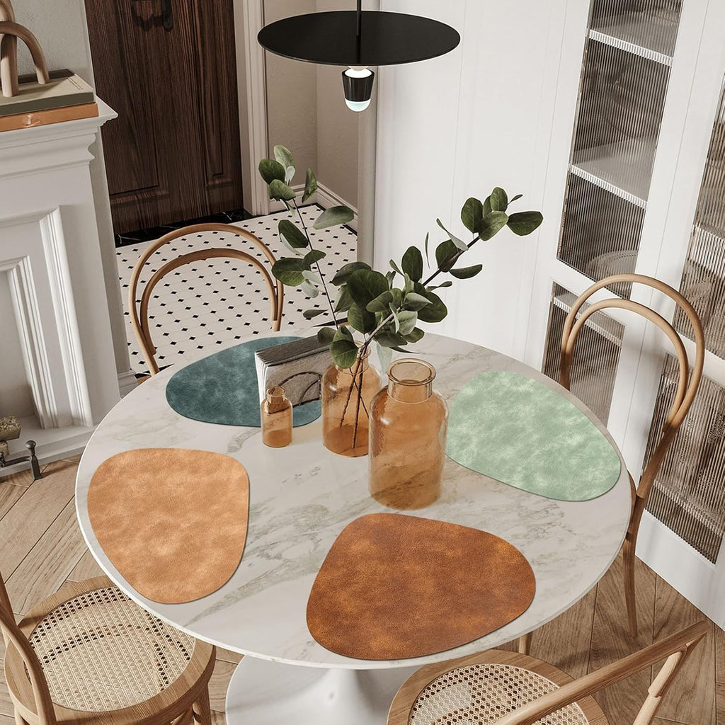 ADRIMER Placemats, Heat Resistant Round Placemats Set of 4 Washable 13 x 17 Inch, Waterproof Table Mats for Kitchen, Dining Room Table Christmas Decor, Turmeric Brown+Camel+Green+Blue