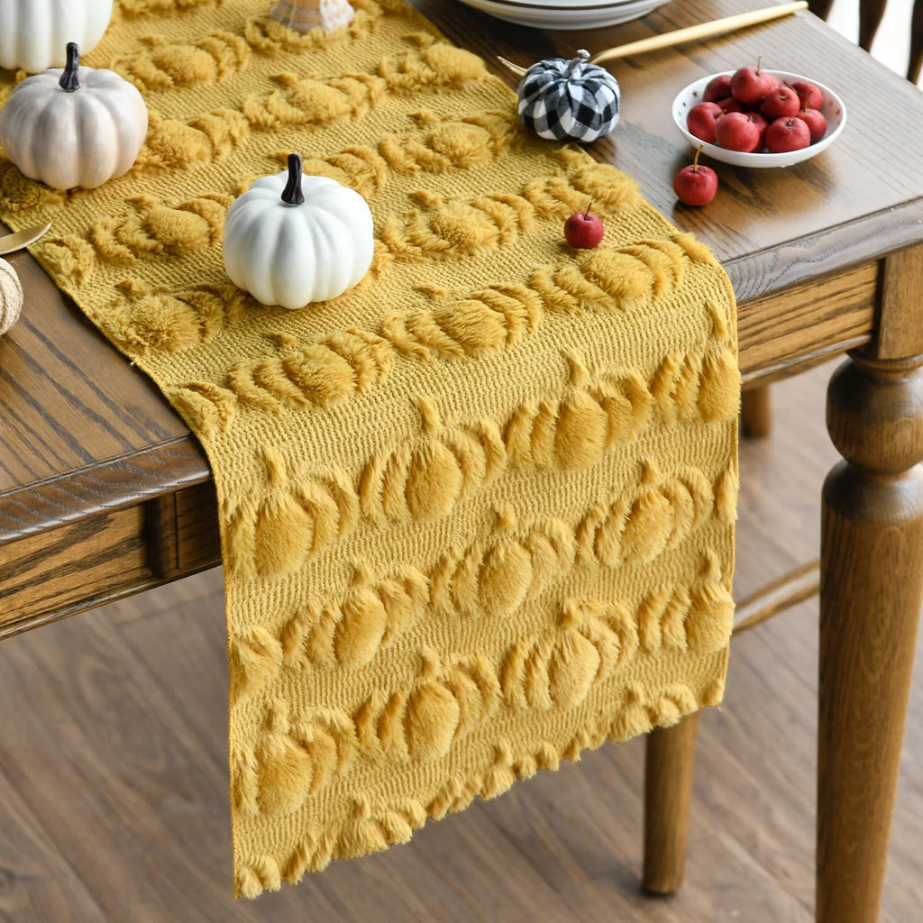 Artoid Mode Caramel Soft Faux Fur Pumpkins Fall Table Runner 13x90 Inch