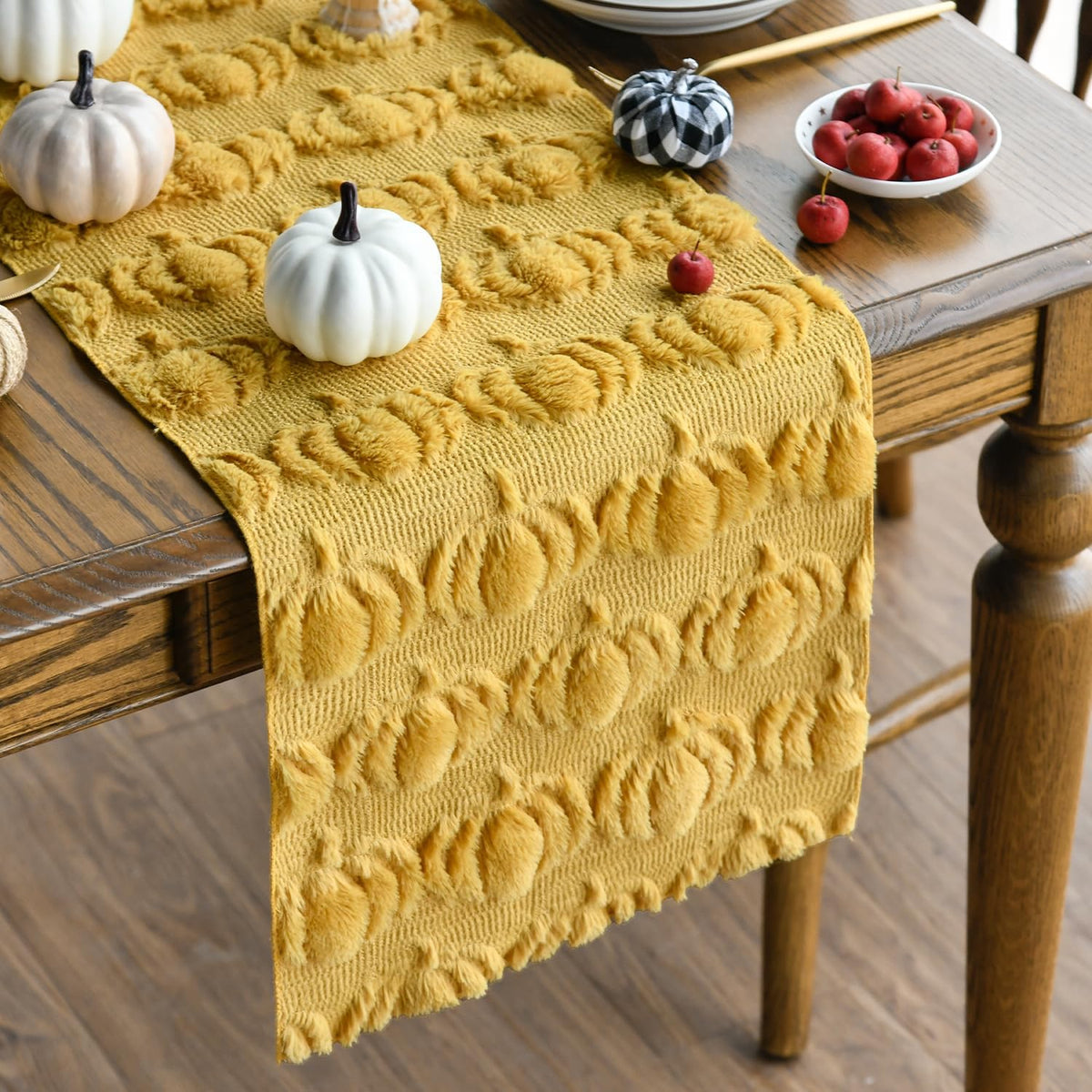 Artoid Mode Caramel Soft Faux Fur Pumpkins Fall Table Runner 13x90 Inch