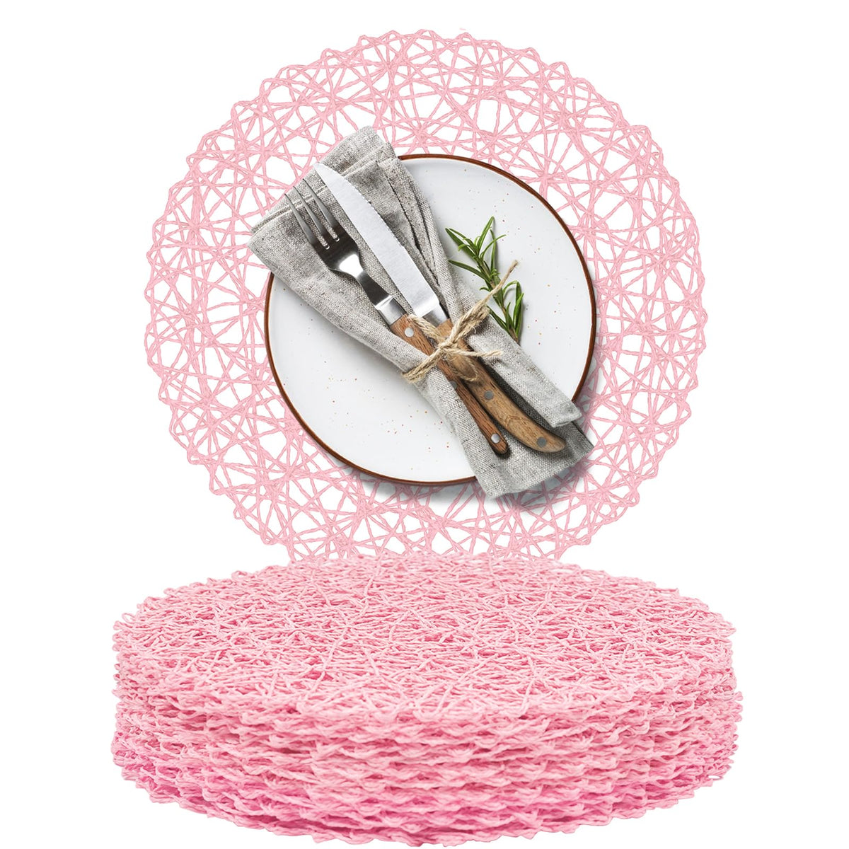 AHHFSMEI Paper Braided Round Placemats Set of 12 Natural Non-Slip Heat Resistant Table Mats for Dining Tables Woven Indoor & Outdoor Place mats(Brown,12)