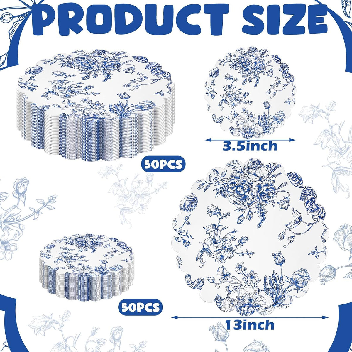 100 Pcs Vintage Blue Floral Paper Placemats Coaster Scalloped Edge