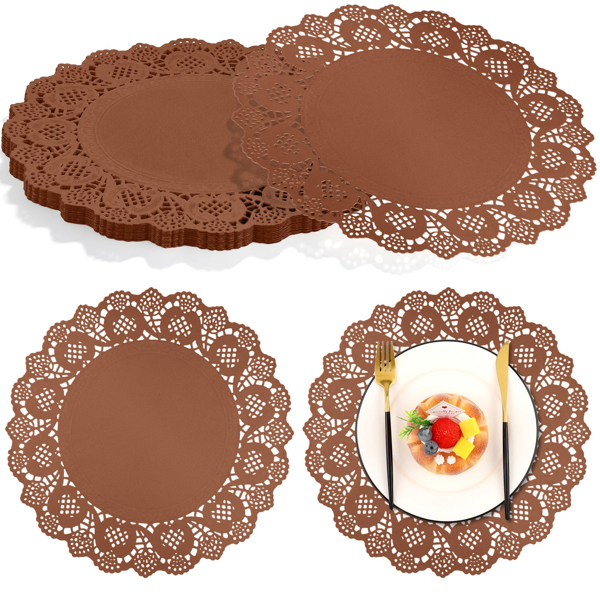 MCEAST 100 Pack Round Brown Kraft Paper Doilies 13.5 Inches Lace Paper Place Mats Rustic Scallop Doily Disposable Table Pads for Food Cakes Crafts Party Weddings Tableware Decor