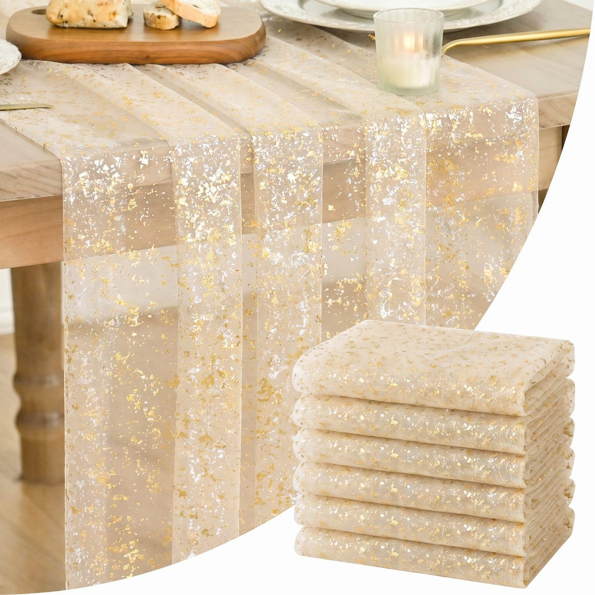 Artoid Mode 6Pcs Beige Gold Gauze Table Runner 120 Inch 10FT, Glitter Metallic Foil Sheer Dining Wedding Anniversary Holiday Birthday Table Decor for Home Party
