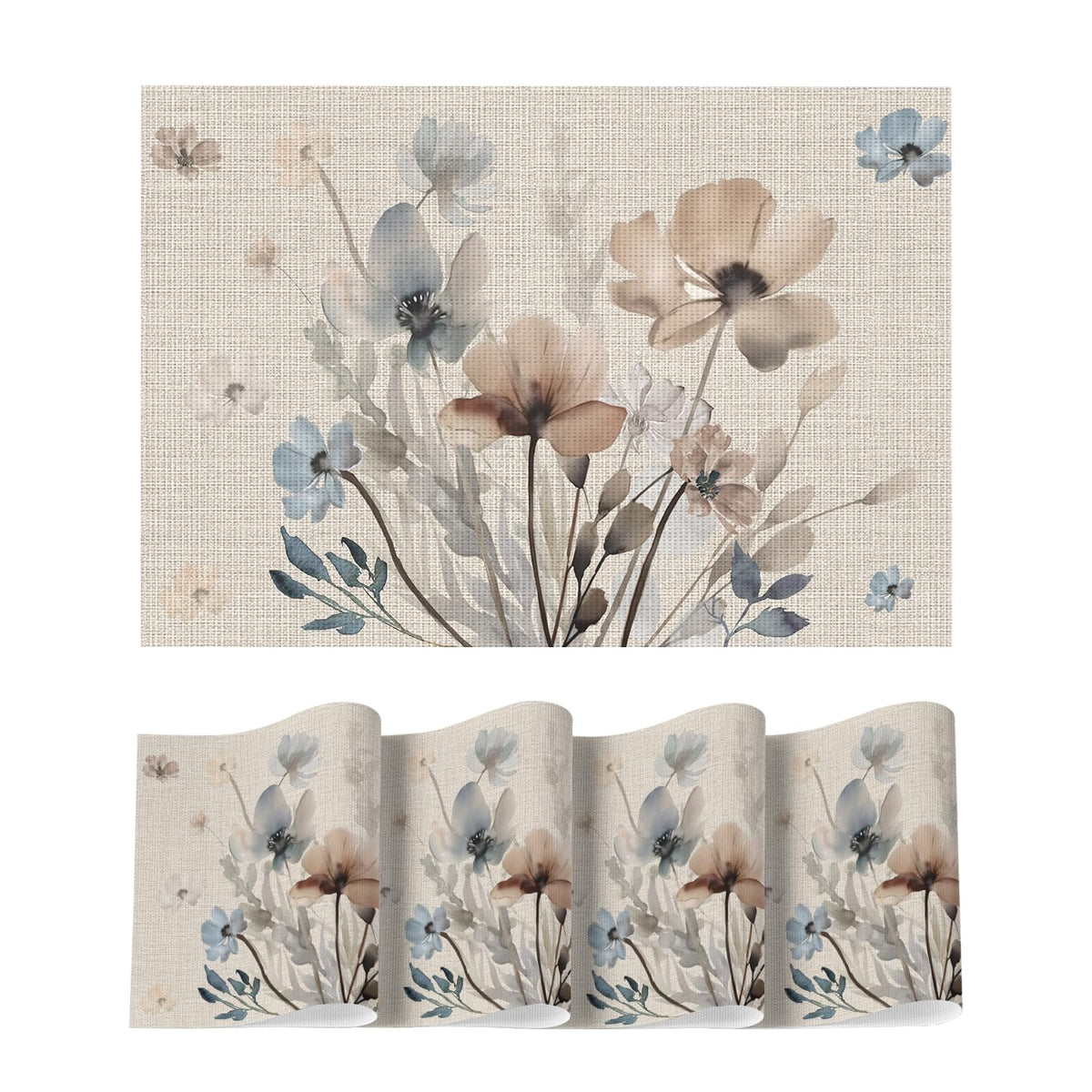 Artoid Mode Brown Poppy Floral Vinyl Plastic Placemats Set of 4, Washable Non-Slip PVC Table Mats for Party Kitchen Dining Decor, 12x18 Inch
