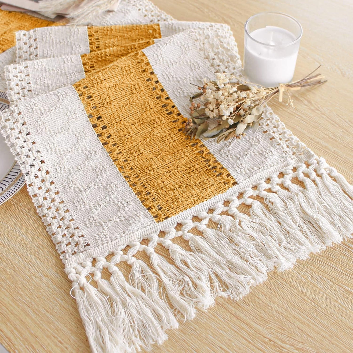 FEXIA Boho Table Runner for Fall Home Decor 12x108 Rustic with Tassels