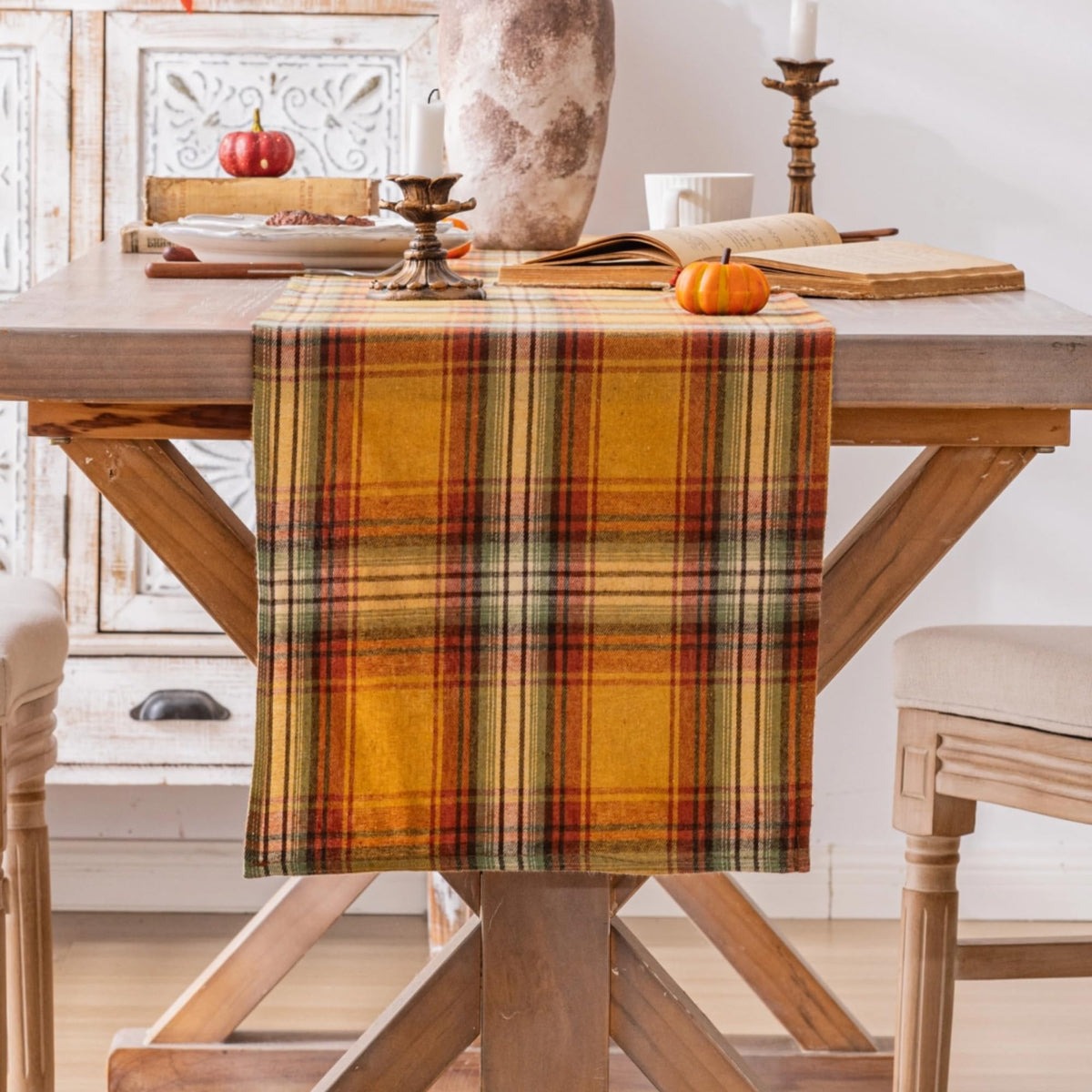 AQOTHES Plaid Fall Thanksgiving Rust Orange Table Runners 36 inches Long