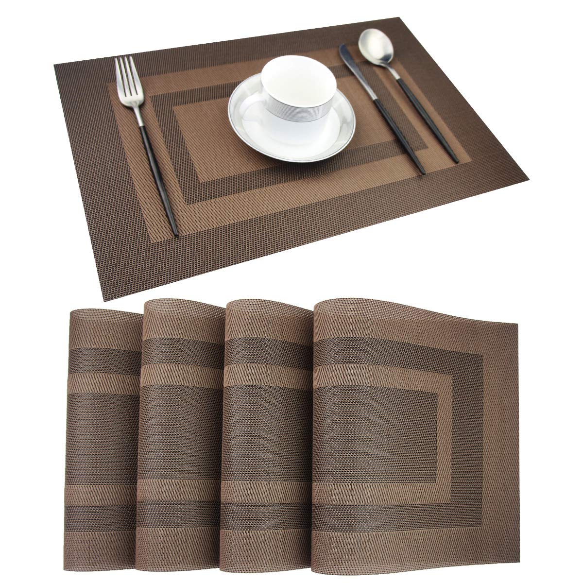 PIGCHCY Placemats,Durable Placemats for Dining Table,Washable Woven Vinyl Kitchen Placemats Set of 4 (Brown)