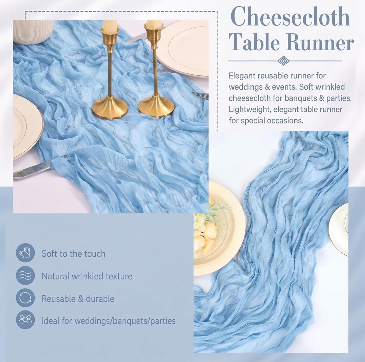 2 Pack Light Blue Cheesecloth Table Runner 17x108 Inch Boho Rustic Semi Sheer Gauze Cheese Cloth Table Runner for Wedding Bridal Shower Baby Shower Party Farmhouse Dining Table Decor