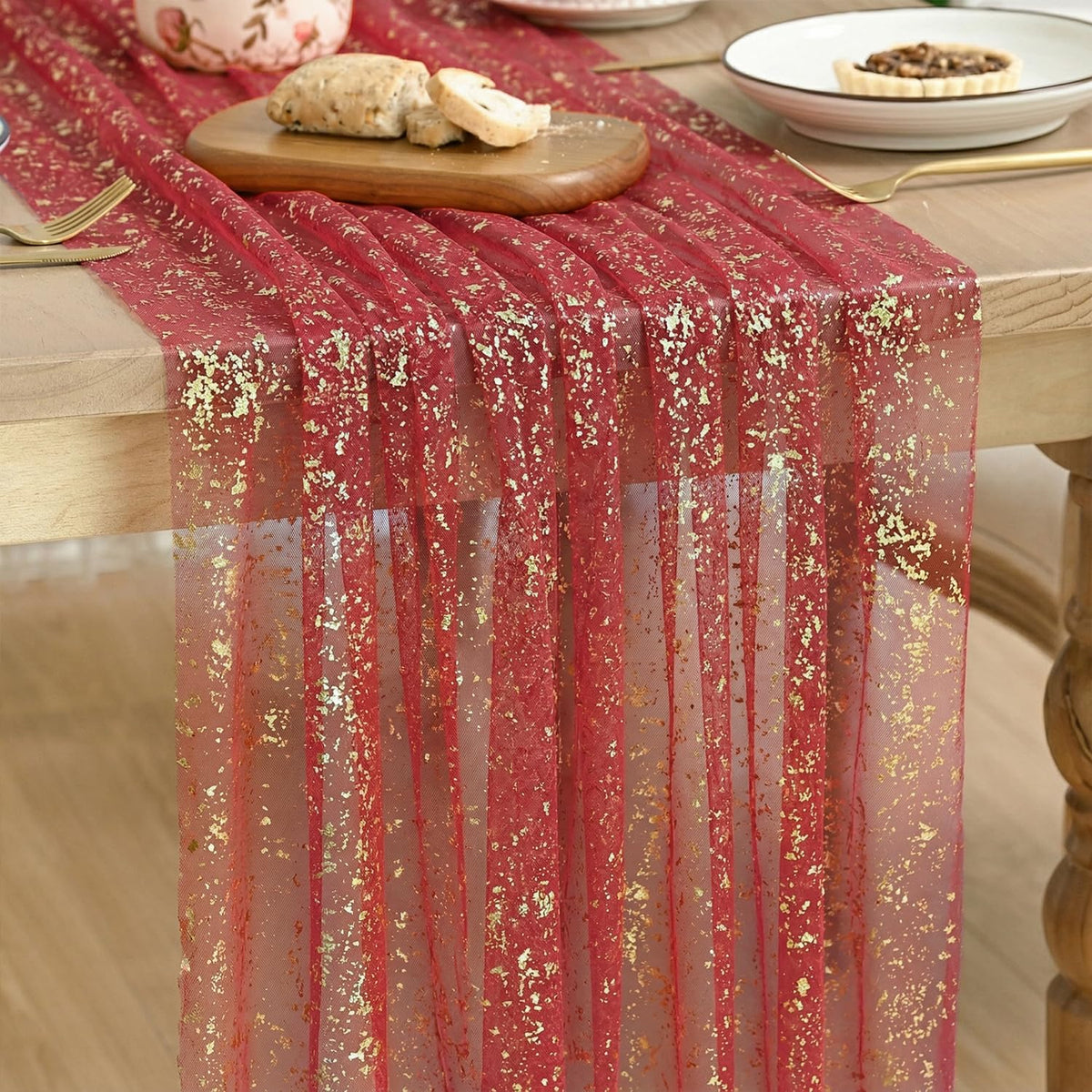 Artoid Mode 6Pcs Beige Gold Gauze Table Runner 120 Inch 10FT, Glitter Metallic Foil Sheer Dining Wedding Anniversary Holiday Birthday Table Decor for Home Party