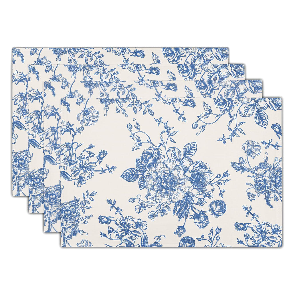 Kawani Blue White Floral Placemats Set of 4 Spring Summer Flower Branches Place Mats 12x18 Inch Chinoiserie Table Mats for Home Kitchen Party Decor