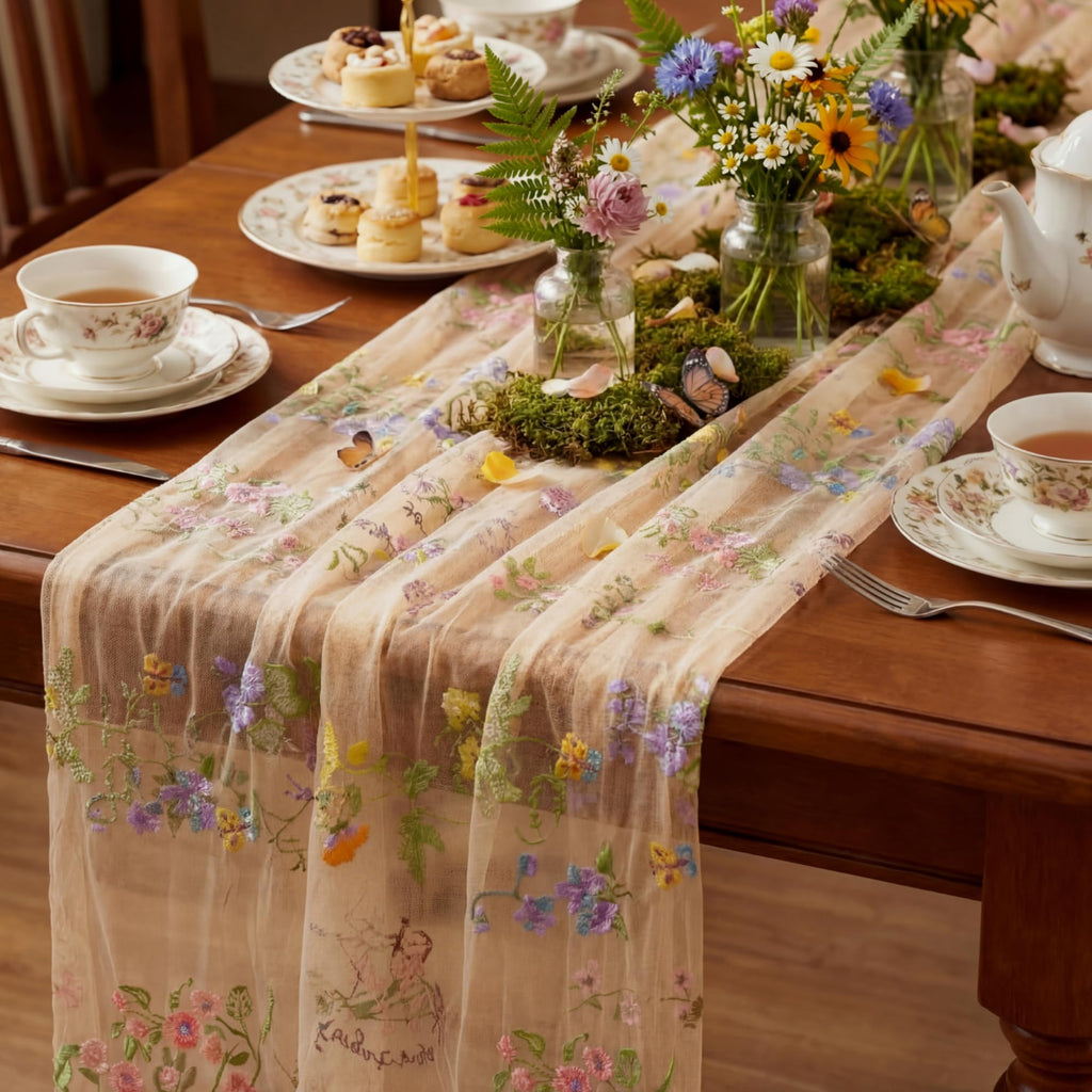 Ivory White Floral Table Runner 10ft Embroidery Tulle Wildflower