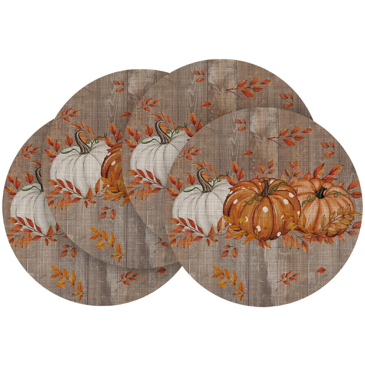 Artoid Mode Pumpkins Leaves Fall Vinyl Placemats Set of 4, Wipeable Colorful Printing PVC Place Mats for Party Kitchen Dining Decor, Beige