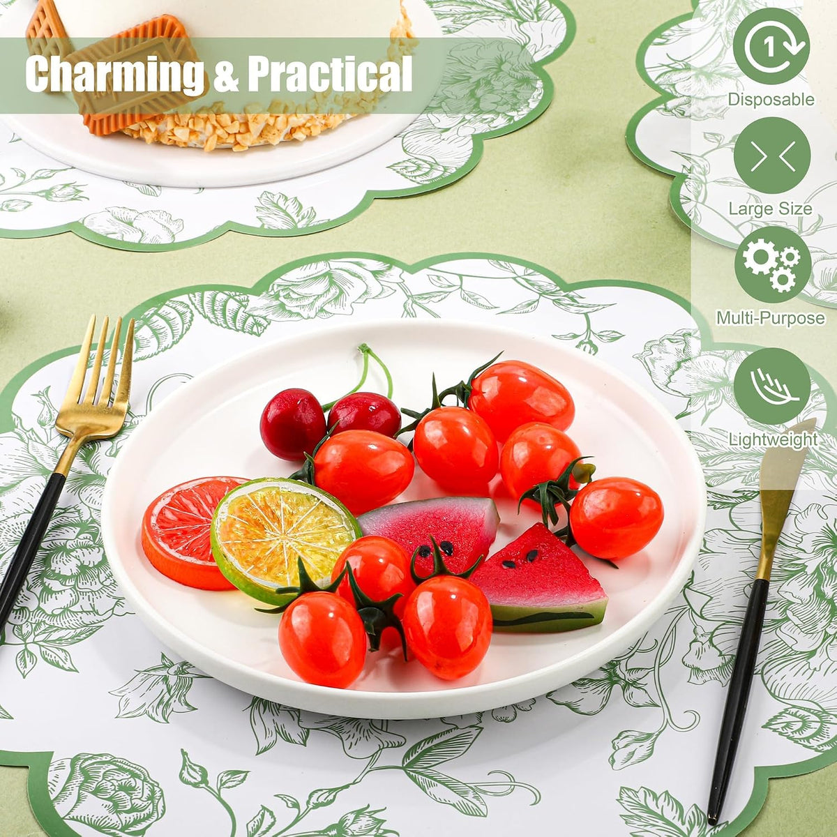 Kochorie Green Floral Paper Placemats 100 Pack, Disposable Scalloped Table Mats, Green Vintage Flower Paper Place Mat, 13.5 x 13.5 Inch for Weddings Bridal Showers Party Décor