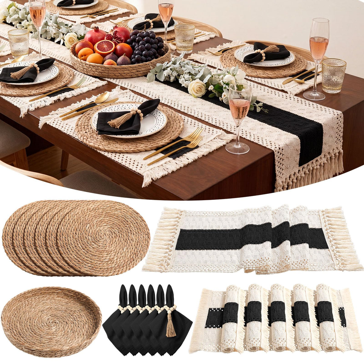 6 Sets Dining Table Decoration Boho Placemat, Khaki, 12x72