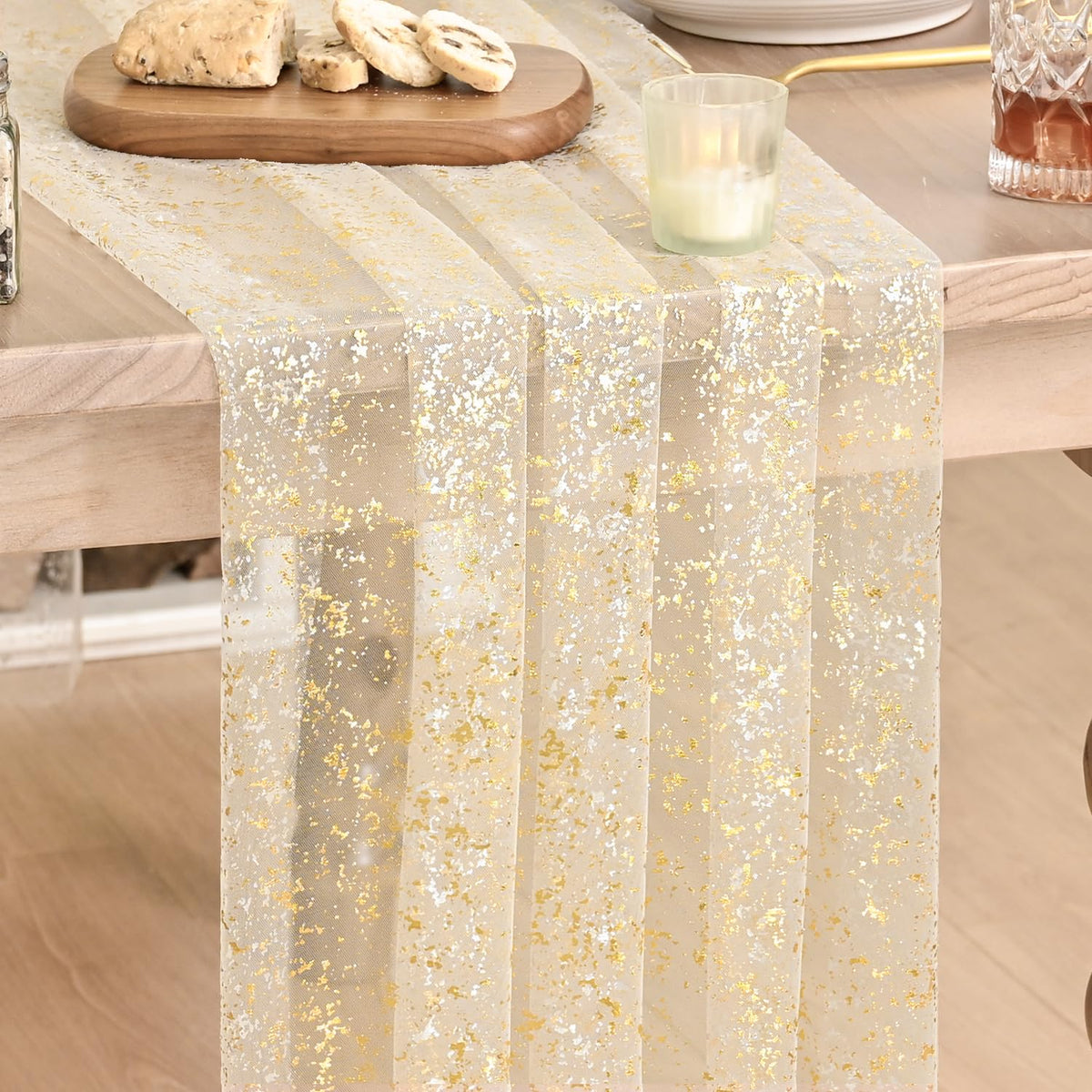 Artoid Mode 6Pcs Beige Gold Gauze Table Runner 120 Inch 10FT, Glitter Metallic Foil Sheer Dining Wedding Anniversary Holiday Birthday Table Decor for Home Party