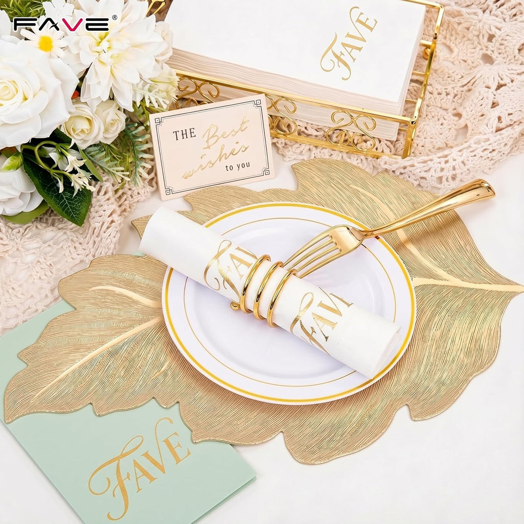 FAVE Gold Vinyl Placemats Set of 6, Washable Leaf Patterned Table Mats
