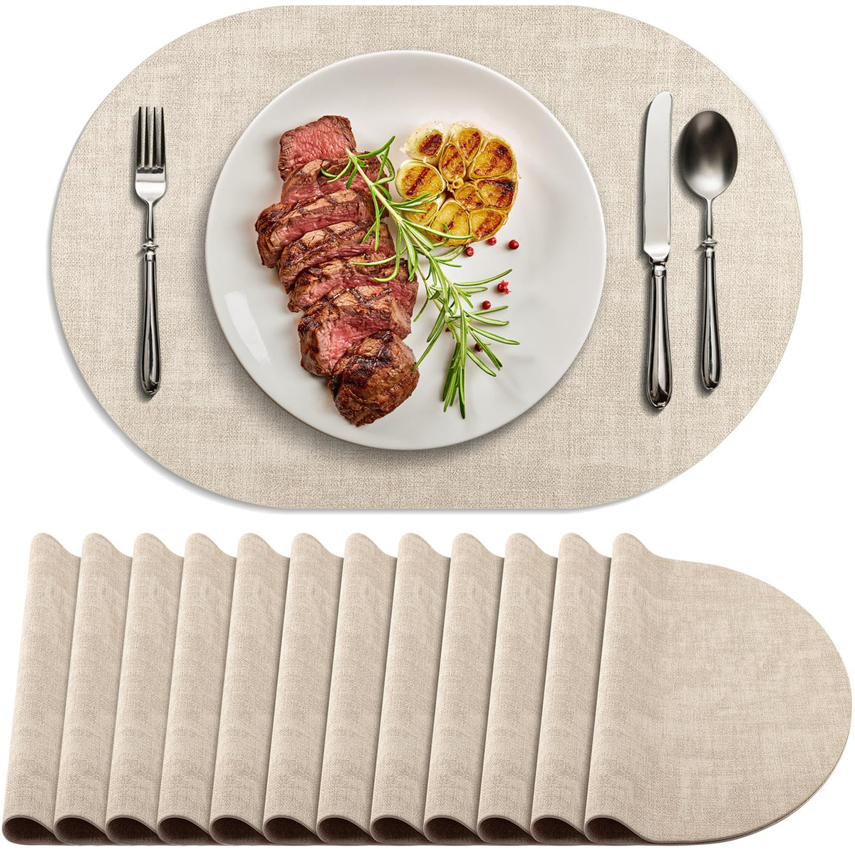 Placemats for Dining Table Set of 8 Non-Slip, Heat Resistant Oval Leather Placemat Double Layer, Waterproof Table Mats Easy to Clean for Kitchen Dining Room Coffee Office Table, Beige