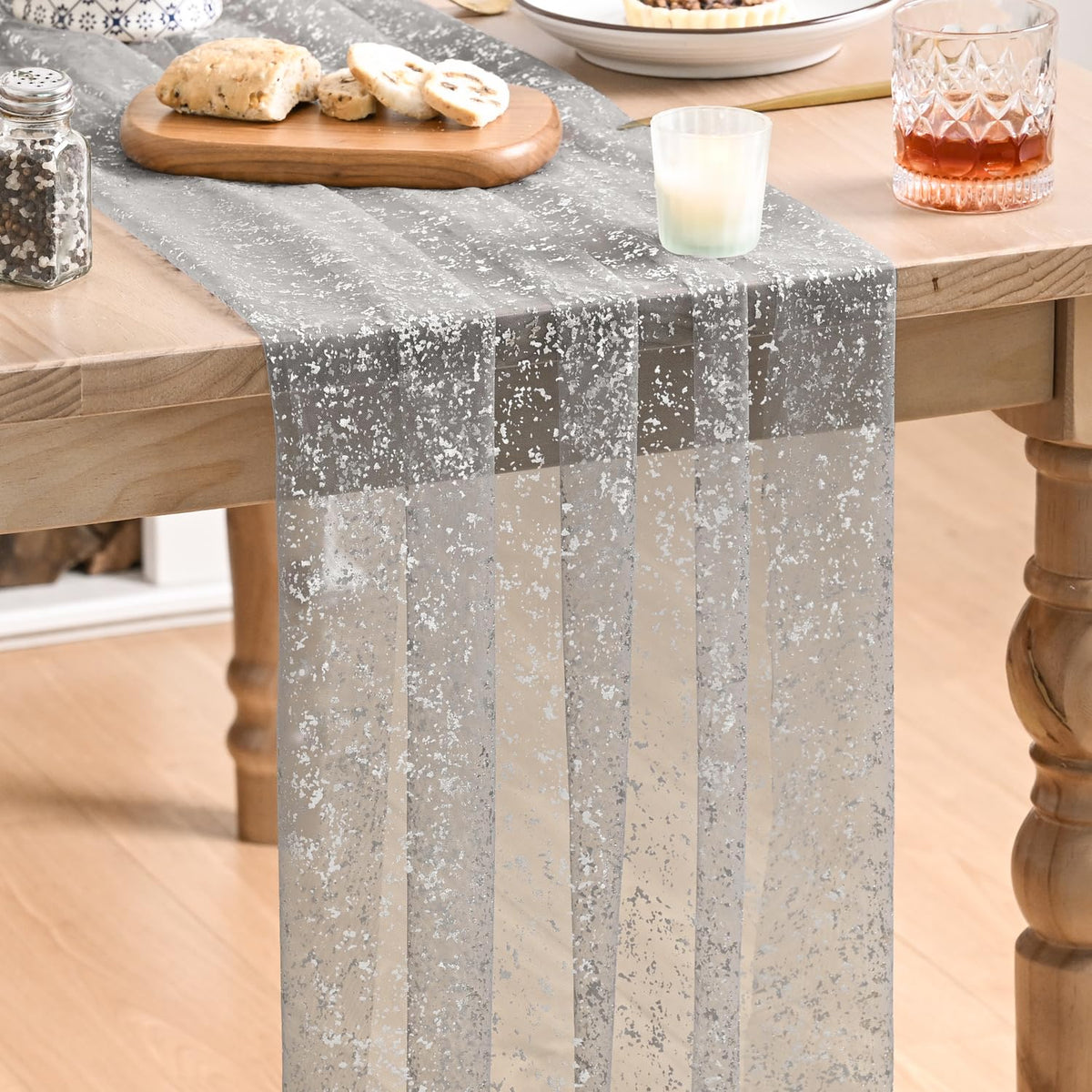Artoid Mode 6Pcs Beige Gold Gauze Table Runner 120 Inch 10FT, Glitter Metallic Foil Sheer Dining Wedding Anniversary Holiday Birthday Table Decor for Home Party