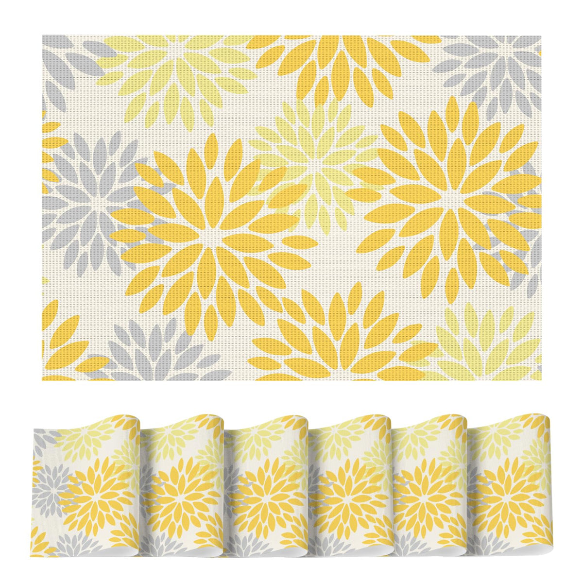 Artoid Mode Floral Vinyl Plistic Placemats Set of 6, Heat Resistant Washable Non-Slip PVC Place Mats for Party Kitchen Dining Decor, Blue Grey