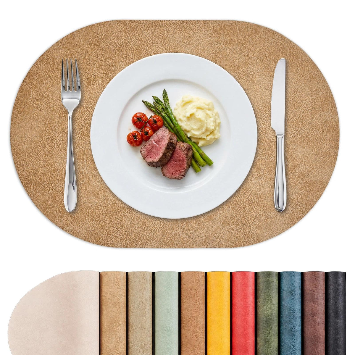 MOSAYT Vinyl Faux Leather Oval Placemats, Set of 6, Reddish Brown