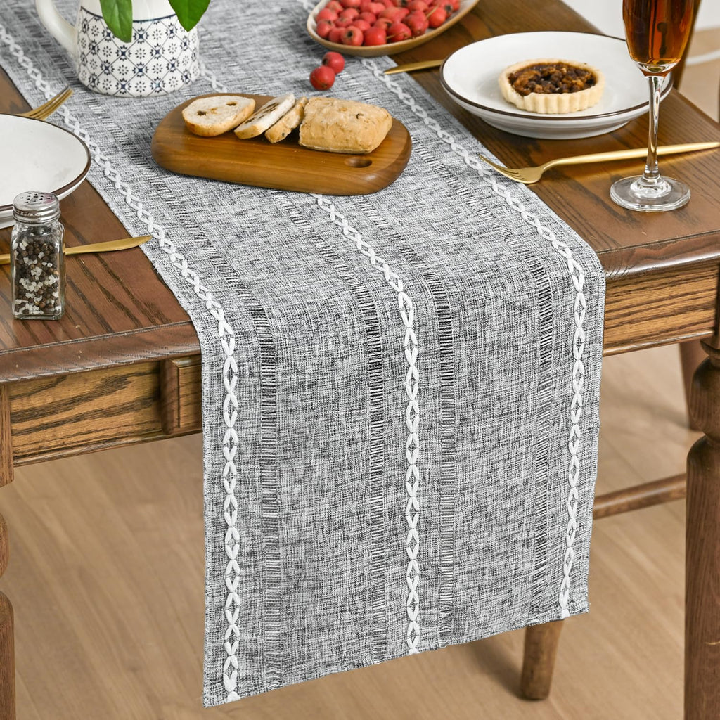 Artoid Mode Brown Rustic Cotton Linen Table Runner, Seasonal Embroidered Hollow Kitchen Dining Table Decoration for Home Party Decor 13x90 Inch