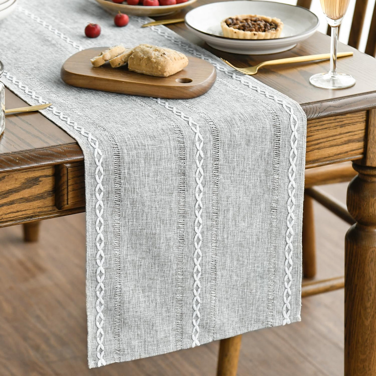 Artoid Mode Brown Rustic Cotton Linen Table Runner, Seasonal Embroidered Hollow Kitchen Dining Table Decoration for Home Party Decor 13x72 Inch