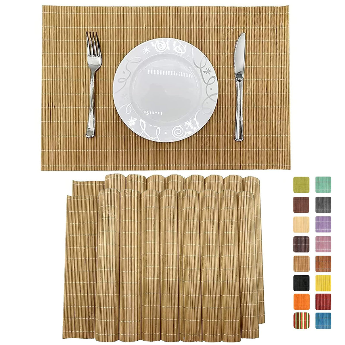 Set of 8 Pcs Bamboo Placemats Sushi Rolling Mat Japanese Style Natural Anti-Slip, Washable Heat-Resistant Table Mats for Dining Room and Kitchen（Brown）
