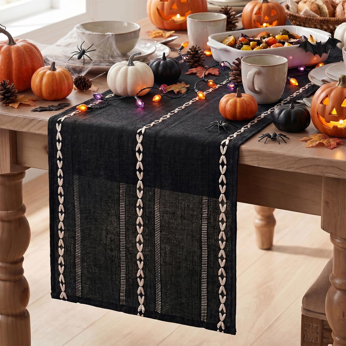 Artoid Mode Brown Rustic Cotton Linen Table Runner, Seasonal Embroidered Hollow Kitchen Dining Table Decoration for Home Party Decor 13x72 Inch