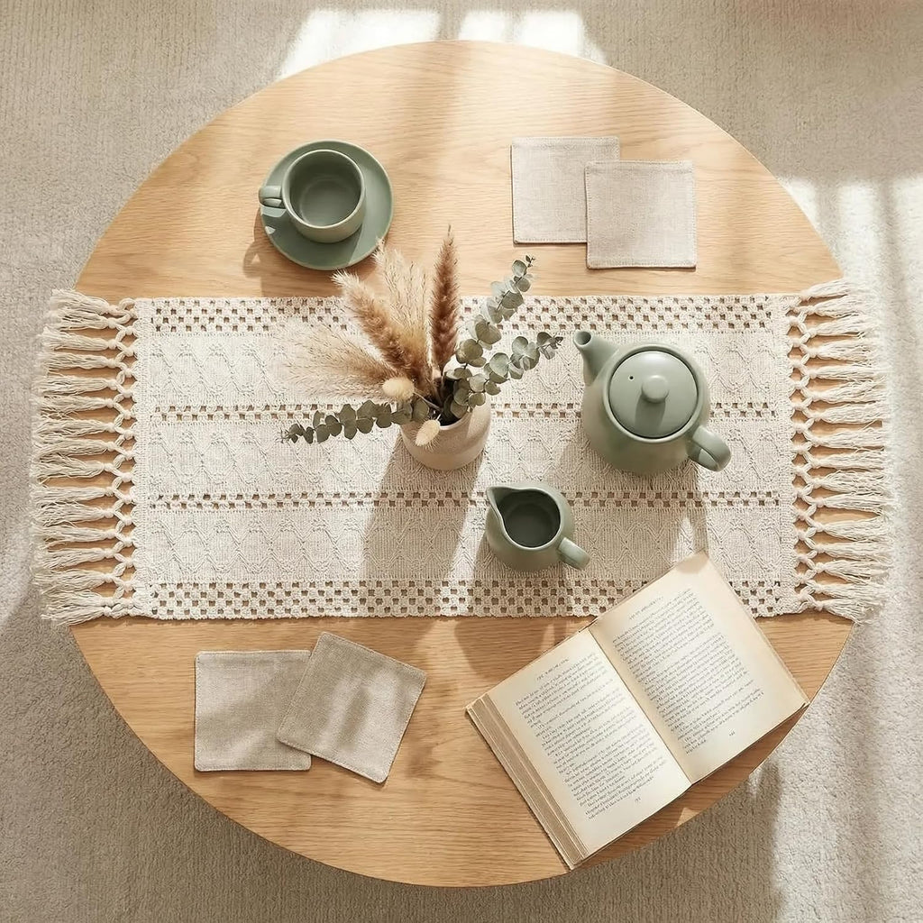 yuboo 36" Boho Macrame Table Runner, Short Cream Coffee Runner, Nightstand