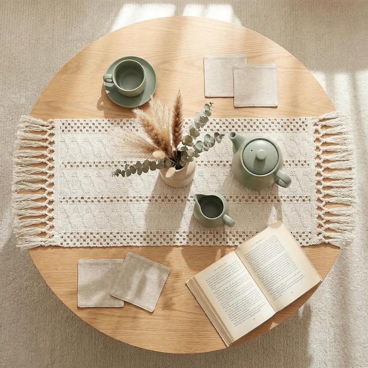 yuboo 36" Boho Macrame Table Runner, Short Cream Coffee Runner, Nightstand