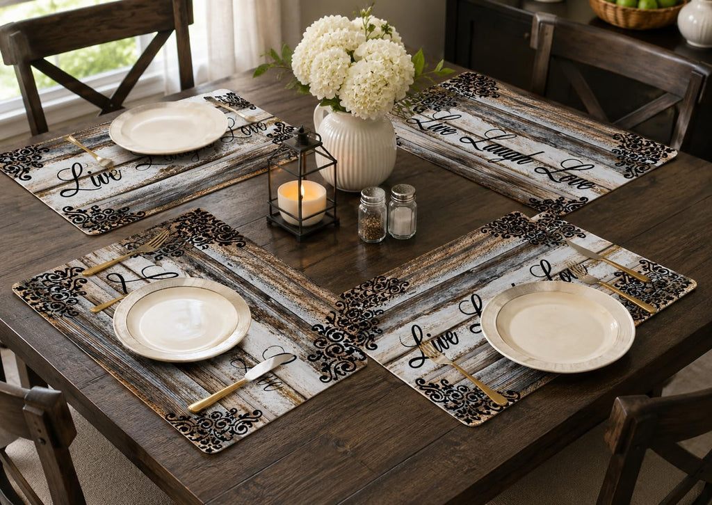 Vinyl Rectangular Placemats Set of 4 - Non Slip Place Mats Ideal for Indoor and Outdoor Dining Table - Washable and Heat Resistant Table Mat for Kitchen Tables (Live Laugh Love)