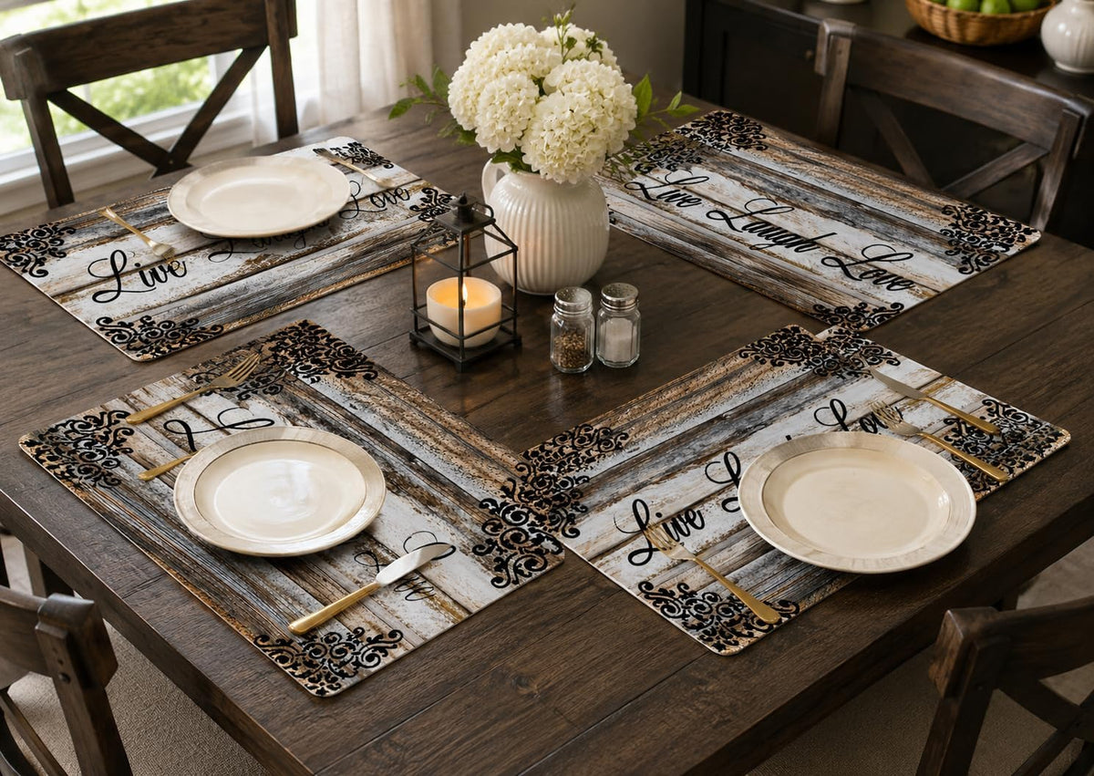 Vinyl Rectangular Placemats Set of 4 - Non Slip Place Mats Ideal for Indoor and Outdoor Dining Table - Washable and Heat Resistant Table Mat for Kitchen Tables (Live Laugh Love)