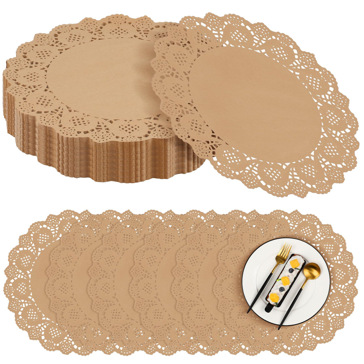 MCEAST 100 Pack Round Brown Kraft Paper Doilies 13.5 Inches Lace Paper Place Mats Rustic Scallop Doily Disposable Table Pads for Food Cakes Crafts Party Weddings Tableware Decor