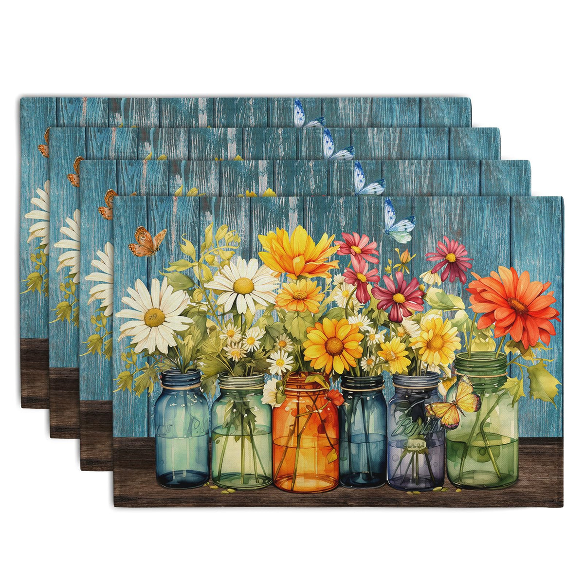 Rustic Daisy Placemats Set of 4 Vintage Flower Vases Wood Grain Linen Table Mats 12x18 Inch Summer Floral Wooden Board Farmhouse Washable Place Mat for Party Kitchen Dining Outdoor Indoor Decor