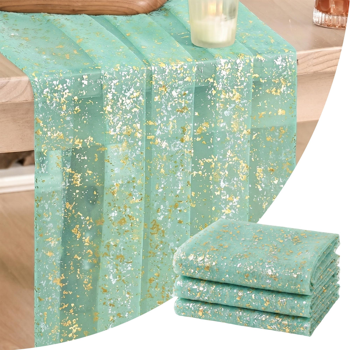 Artoid Mode 6Pcs Beige Gold Gauze Table Runner 120 Inch 10FT, Glitter Metallic Foil Sheer Dining Wedding Anniversary Holiday Birthday Table Decor for Home Party