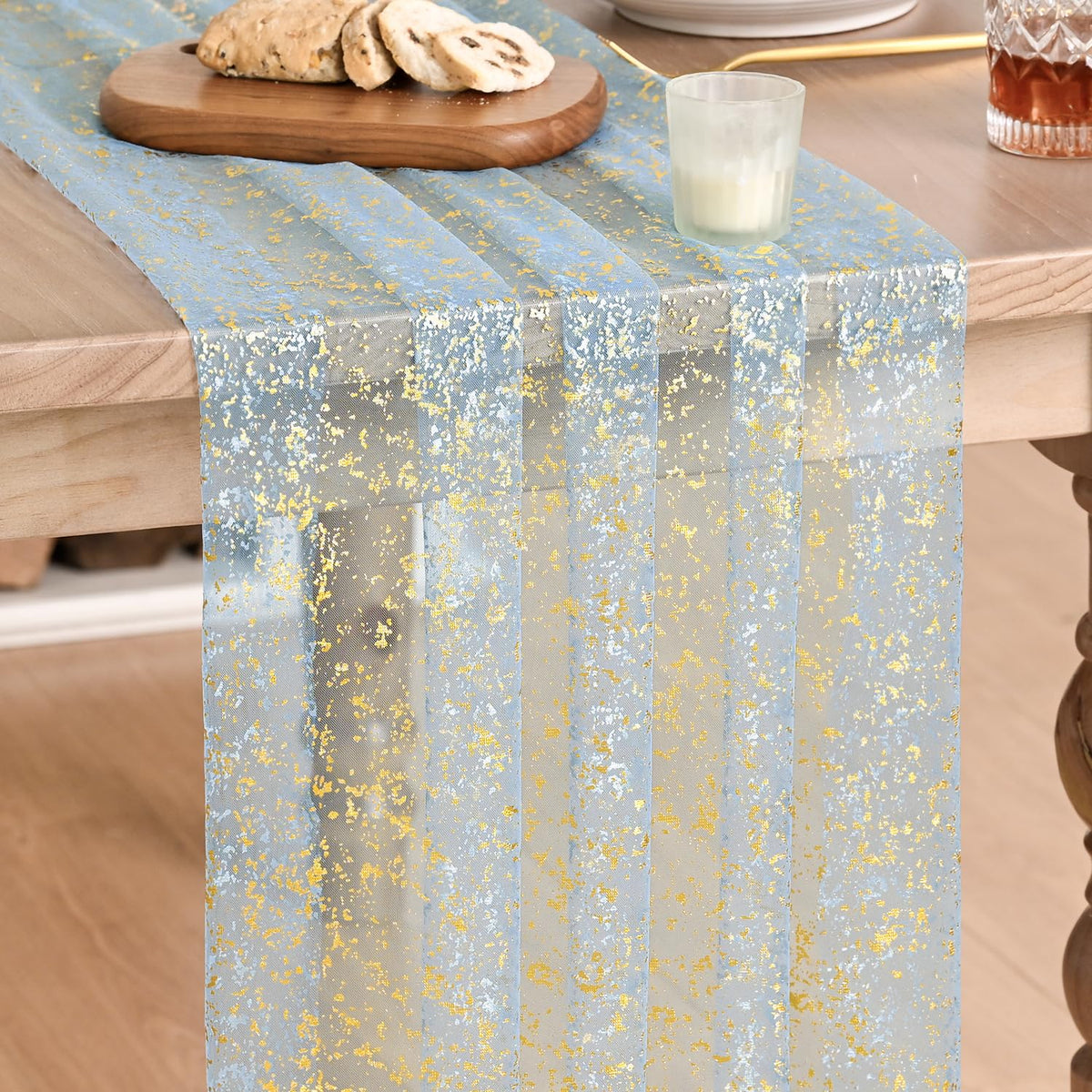Artoid Mode 6Pcs Beige Gold Gauze Table Runner 120 Inch 10FT, Glitter Metallic Foil Sheer Dining Wedding Anniversary Holiday Birthday Table Decor for Home Party