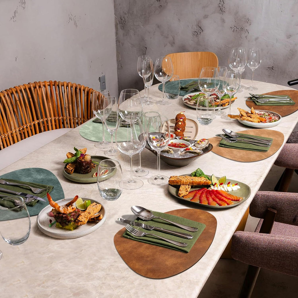 ADRIMER Placemats, Heat Resistant Round Placemats Set of 4 Washable 13 x 17 Inch, Waterproof Table Mats for Kitchen, Dining Room Table Christmas Decor, Turmeric Brown+Camel+Green+Blue
