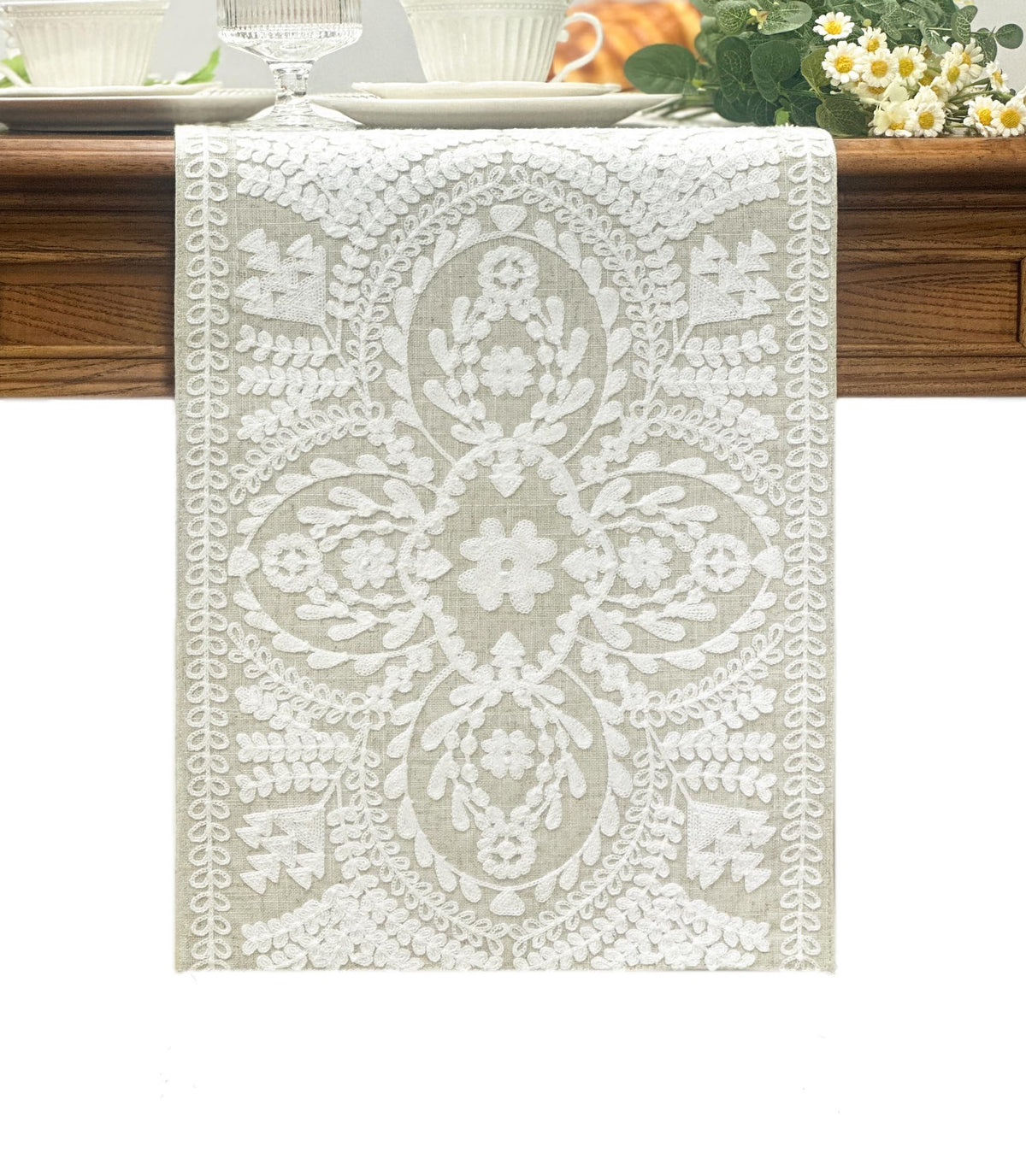 KEVA Boho Table Runner 72inches Long, Farmhouse Linen Table Runner, Rustic Vintage Natural Embroidered Table Runners 13x72 Inch for Dining Table Decorations