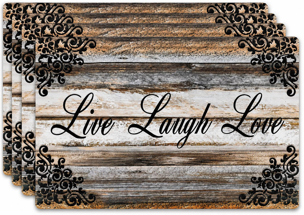 Vinyl Rectangular Placemats Set of 4 - Non Slip Place Mats Ideal for Indoor and Outdoor Dining Table - Washable and Heat Resistant Table Mat for Kitchen Tables (Live Laugh Love)